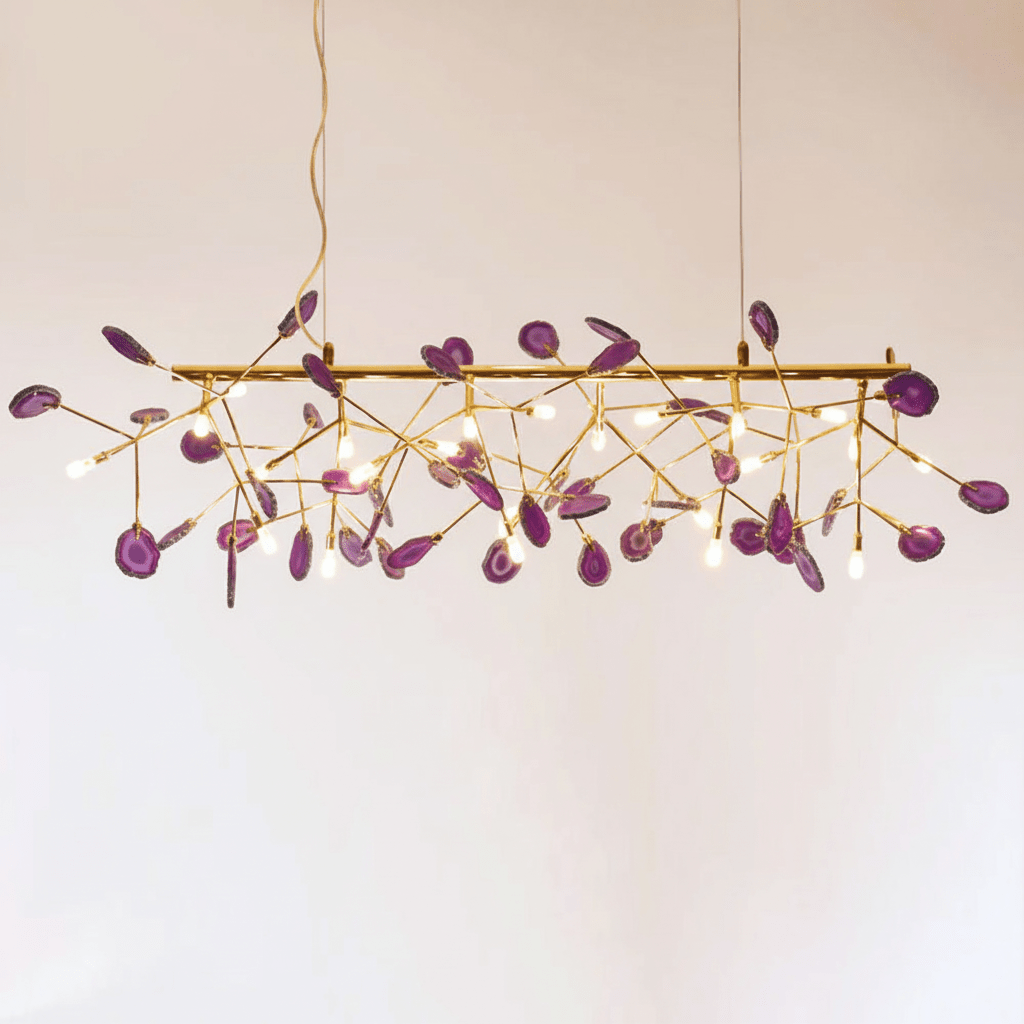 Agate Chandelier, Natural Agate Slices, Rose Gold Arms, G4 LED
