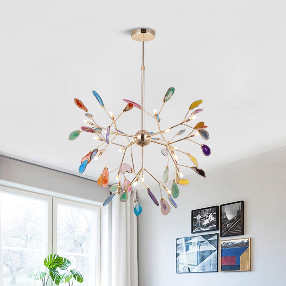 Agate chandelier with colourful agate slices and rose gold frame