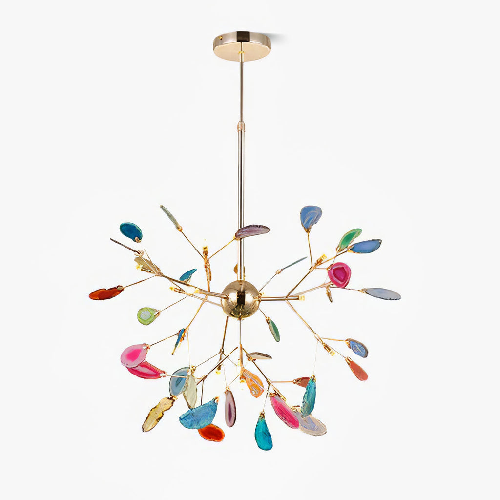 Agate chandelier suspended in a warmly lit room