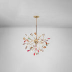 Natural agate chandelier glowing above a dining setting
