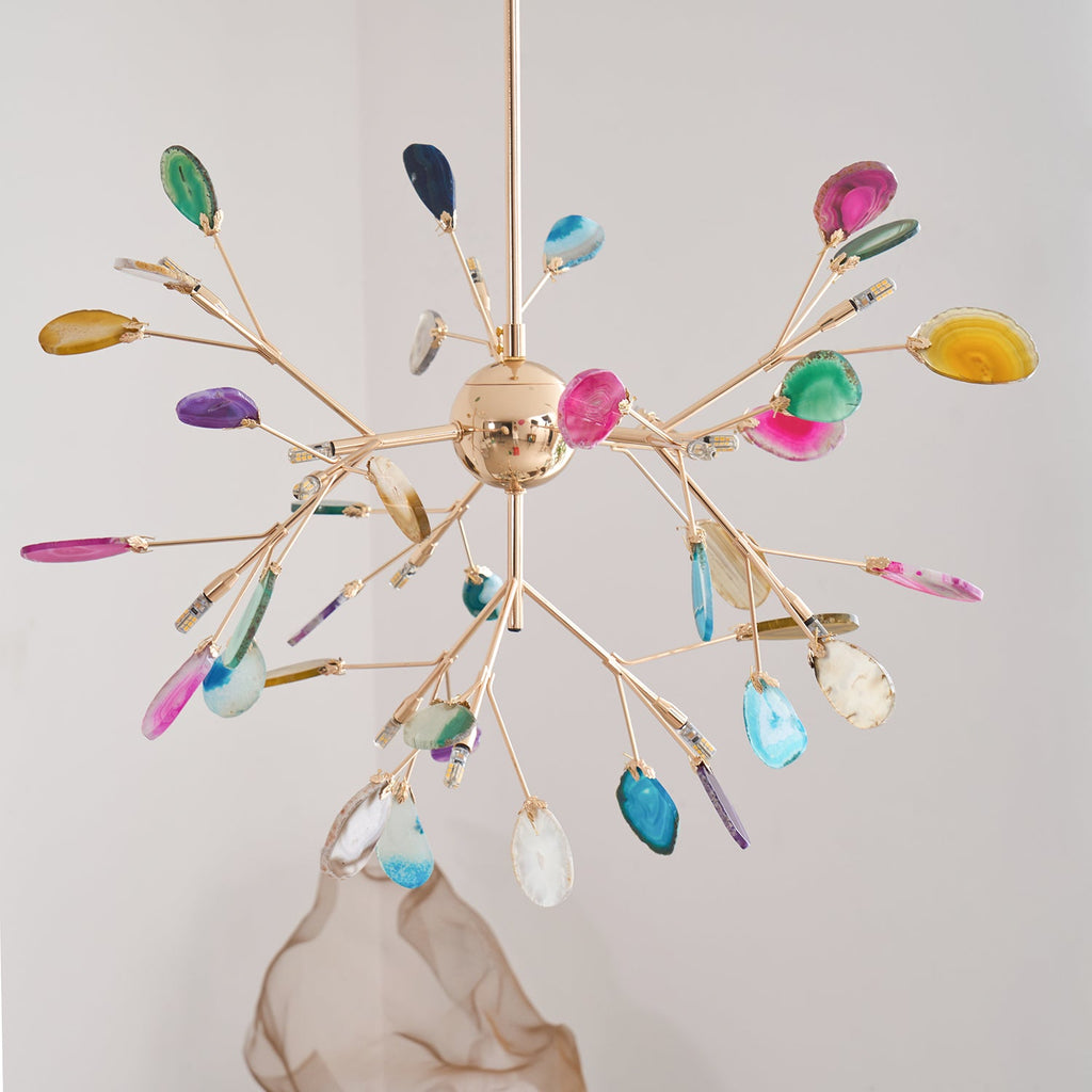 Agate Chandelier, Natural Agate Slices, Rose Gold Arms, G4 LED