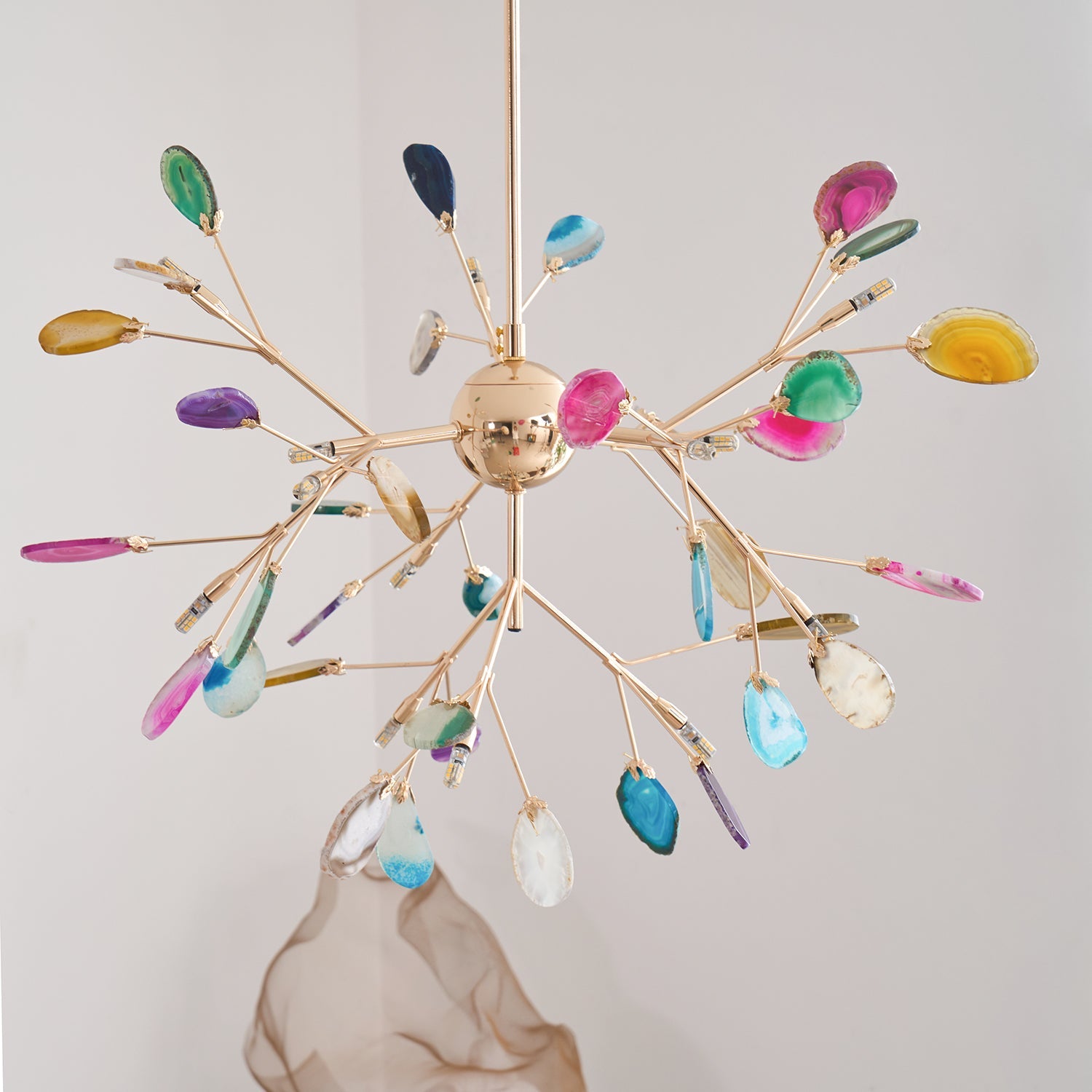 Agate Chandelier, Natural Agate Slices, Rose Gold Arms, G4 LED