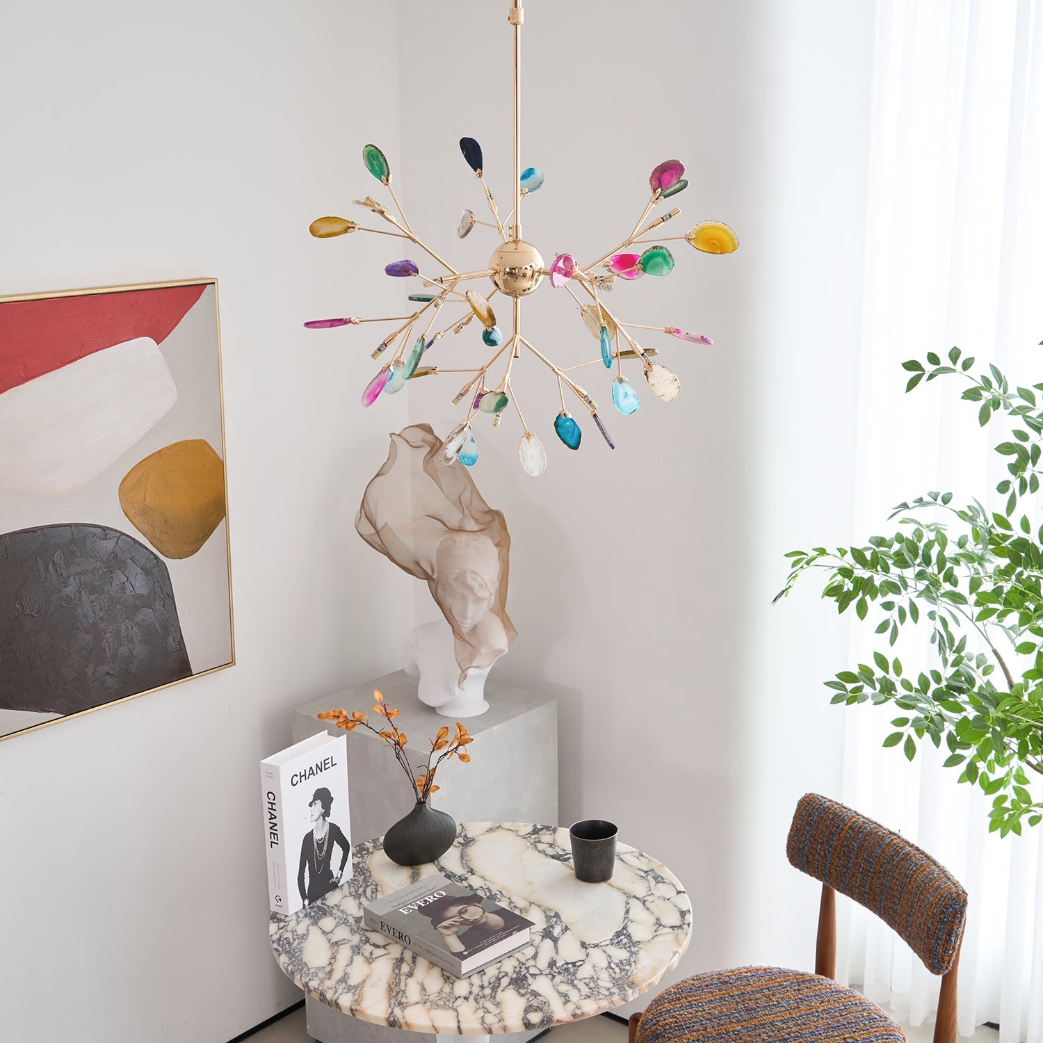 Agate Chandelier, Natural Agate Slices, Rose Gold Arms, G4 LED