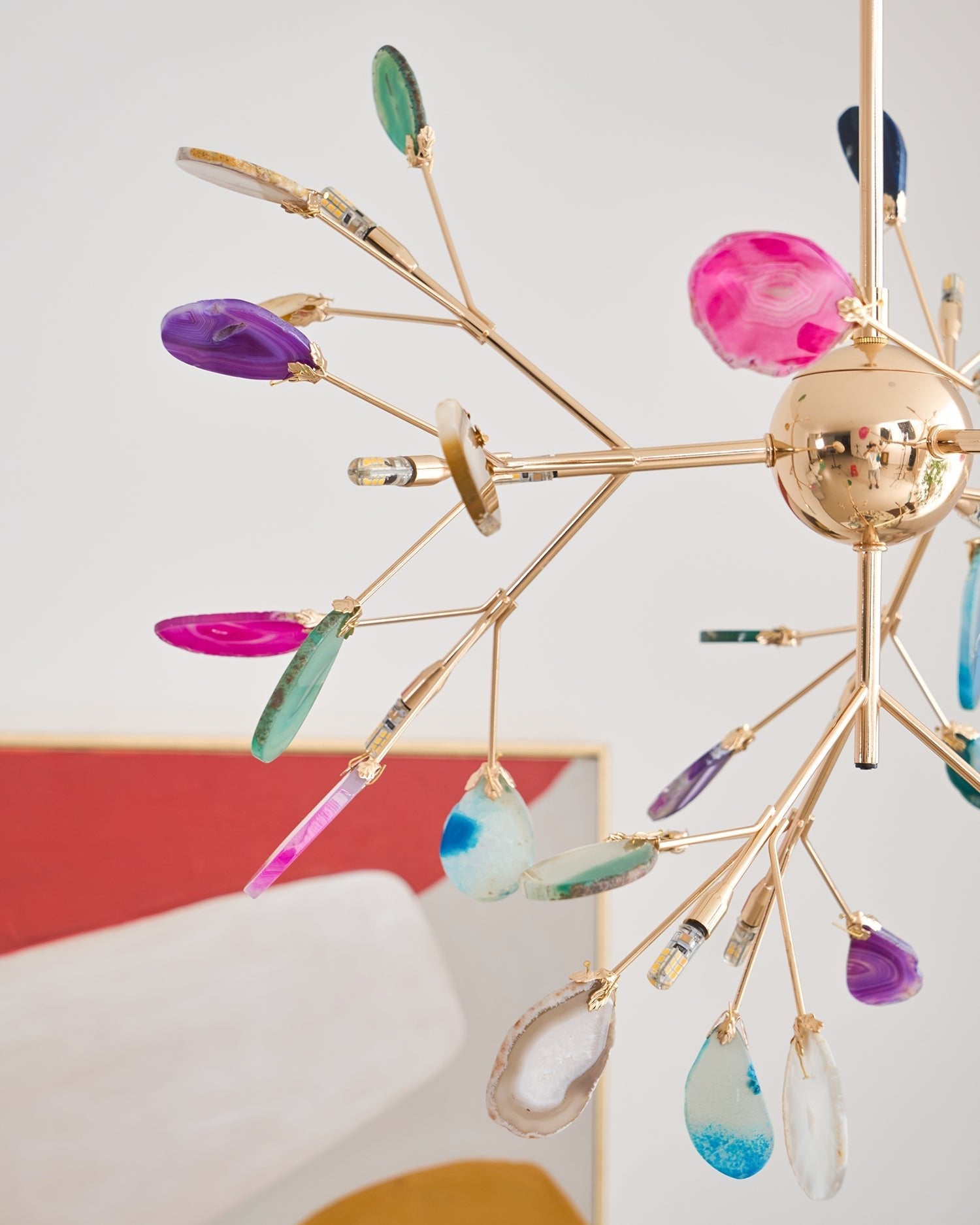 Agate Chandelier, Natural Agate Slices, Rose Gold Arms, G4 LED
