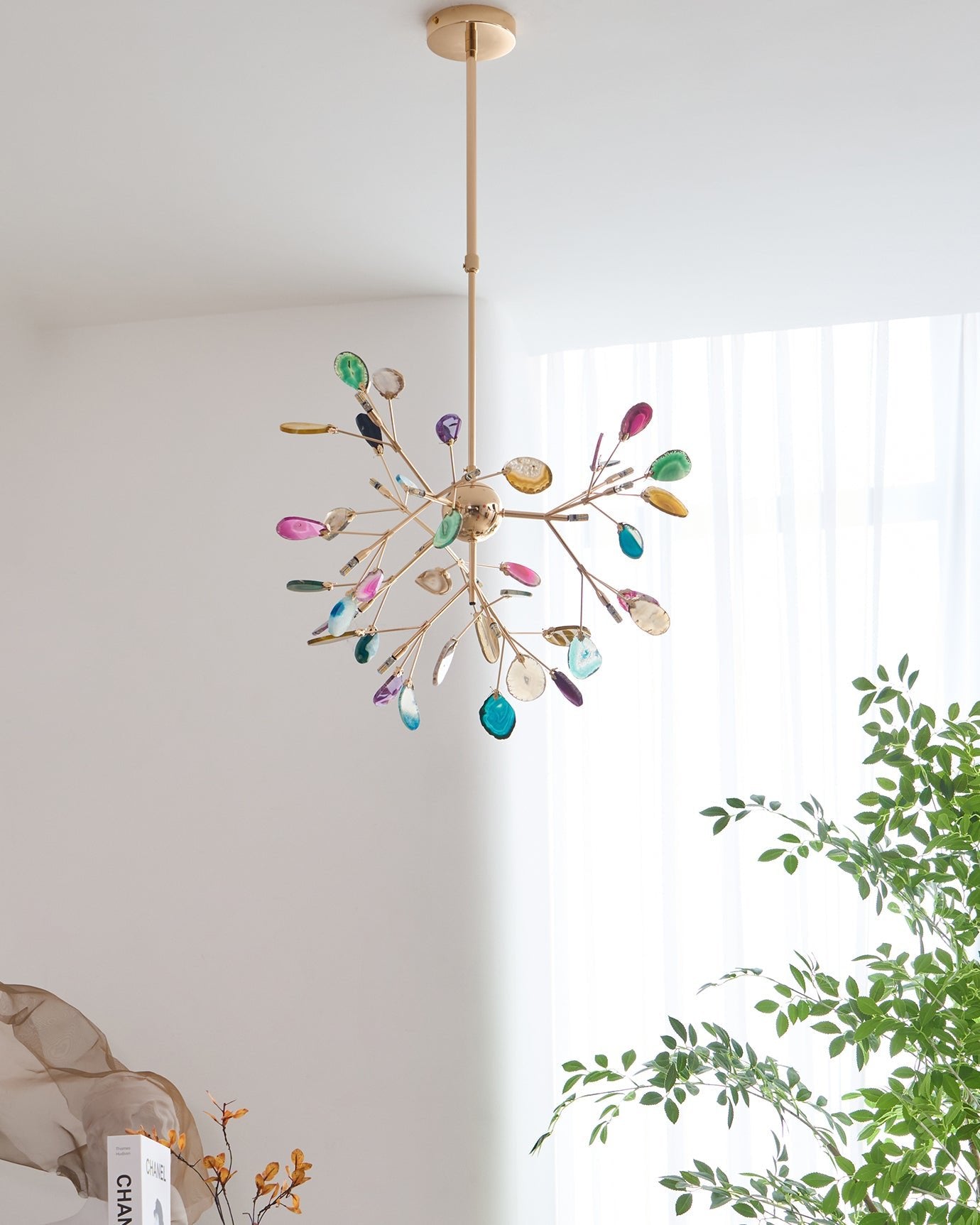 Agate Chandelier, Natural Agate Slices, Rose Gold Arms, G4 LED