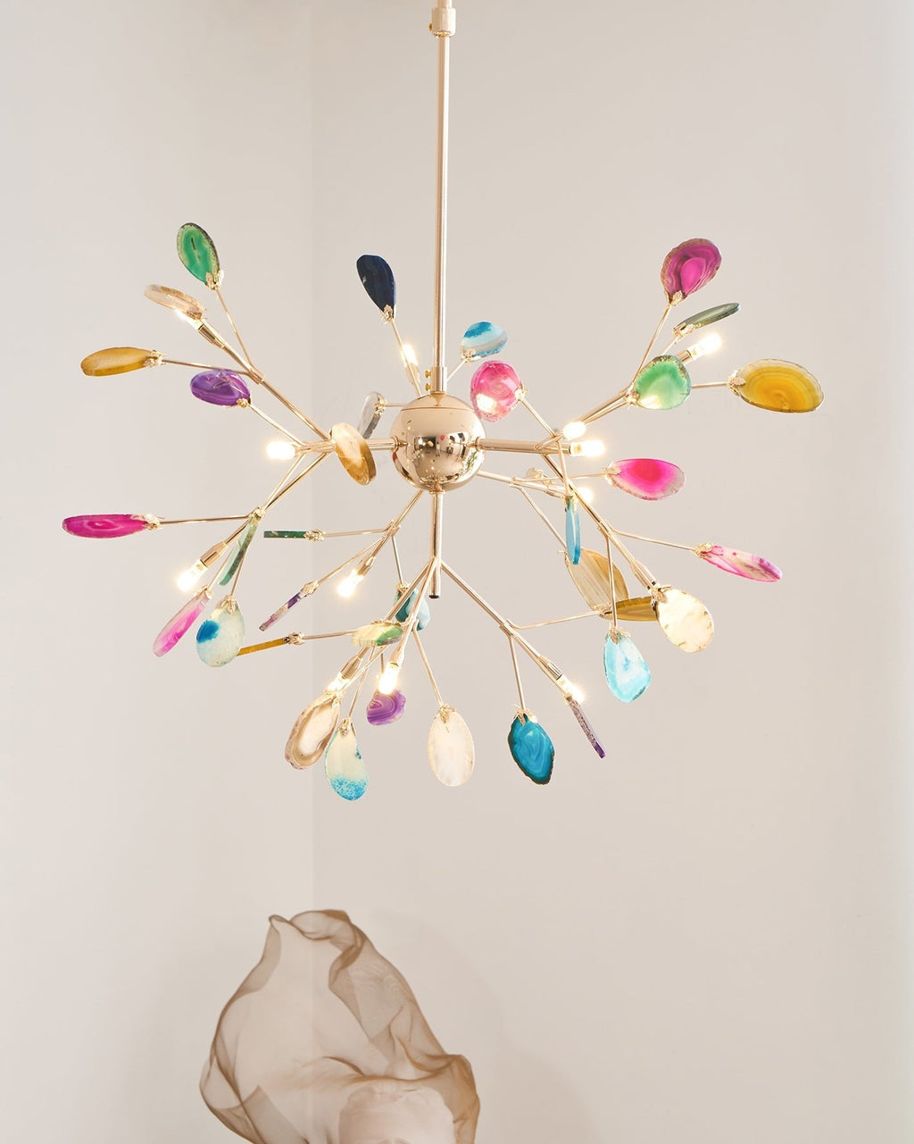 Agate Chandelier, Natural Agate Slices, Rose Gold Arms, G4 LED