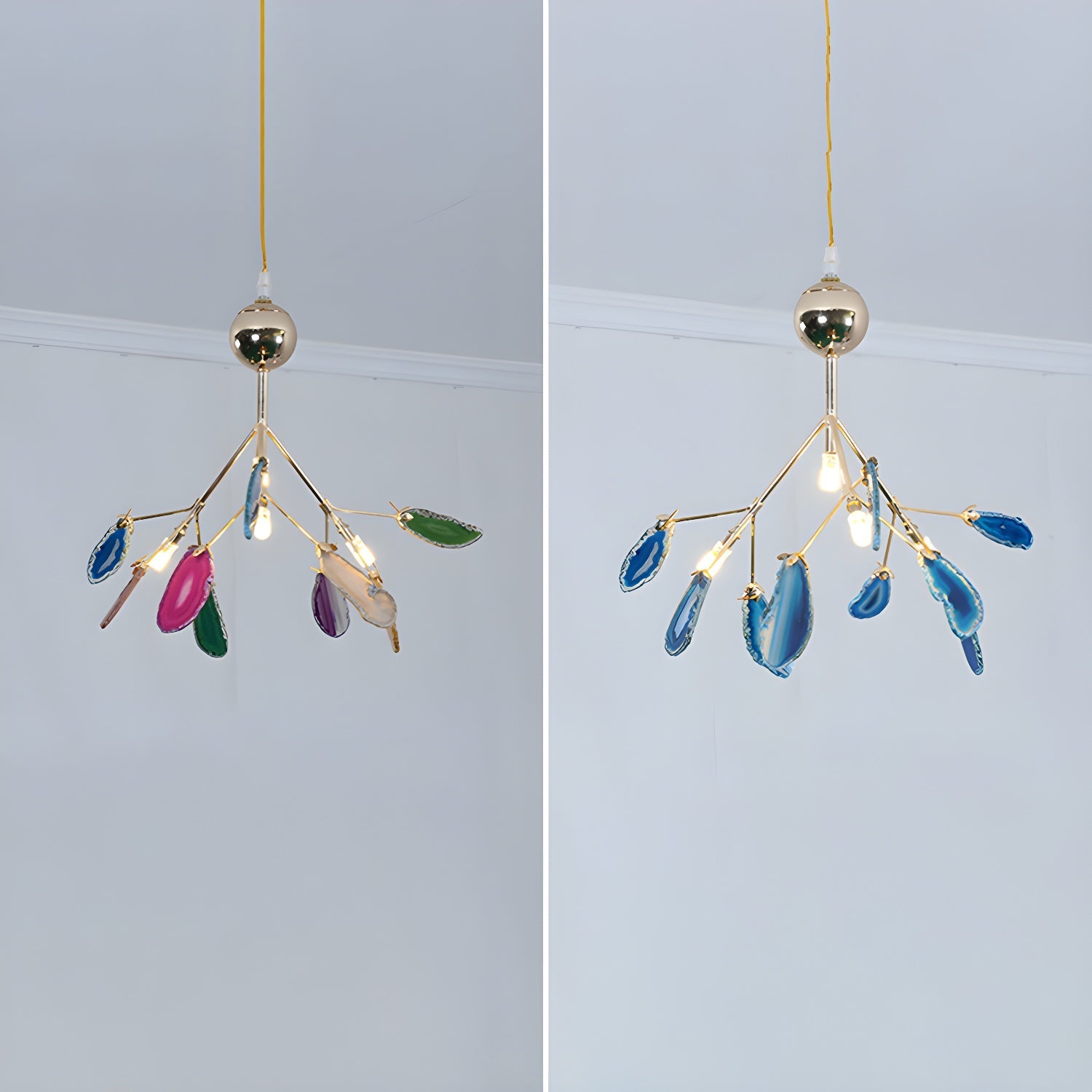 Agate Chandelier, Natural Agate Slices, Rose Gold Arms, G4 LED
