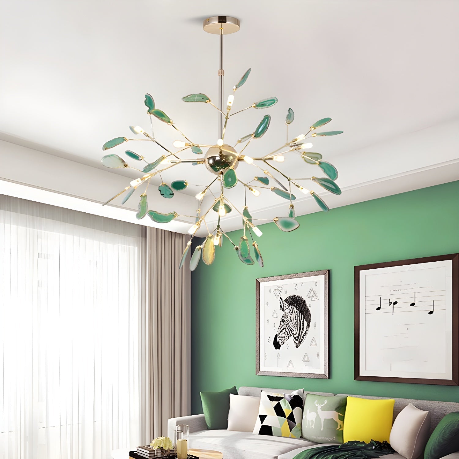 Natural agate chandelier glowing above an interior setting