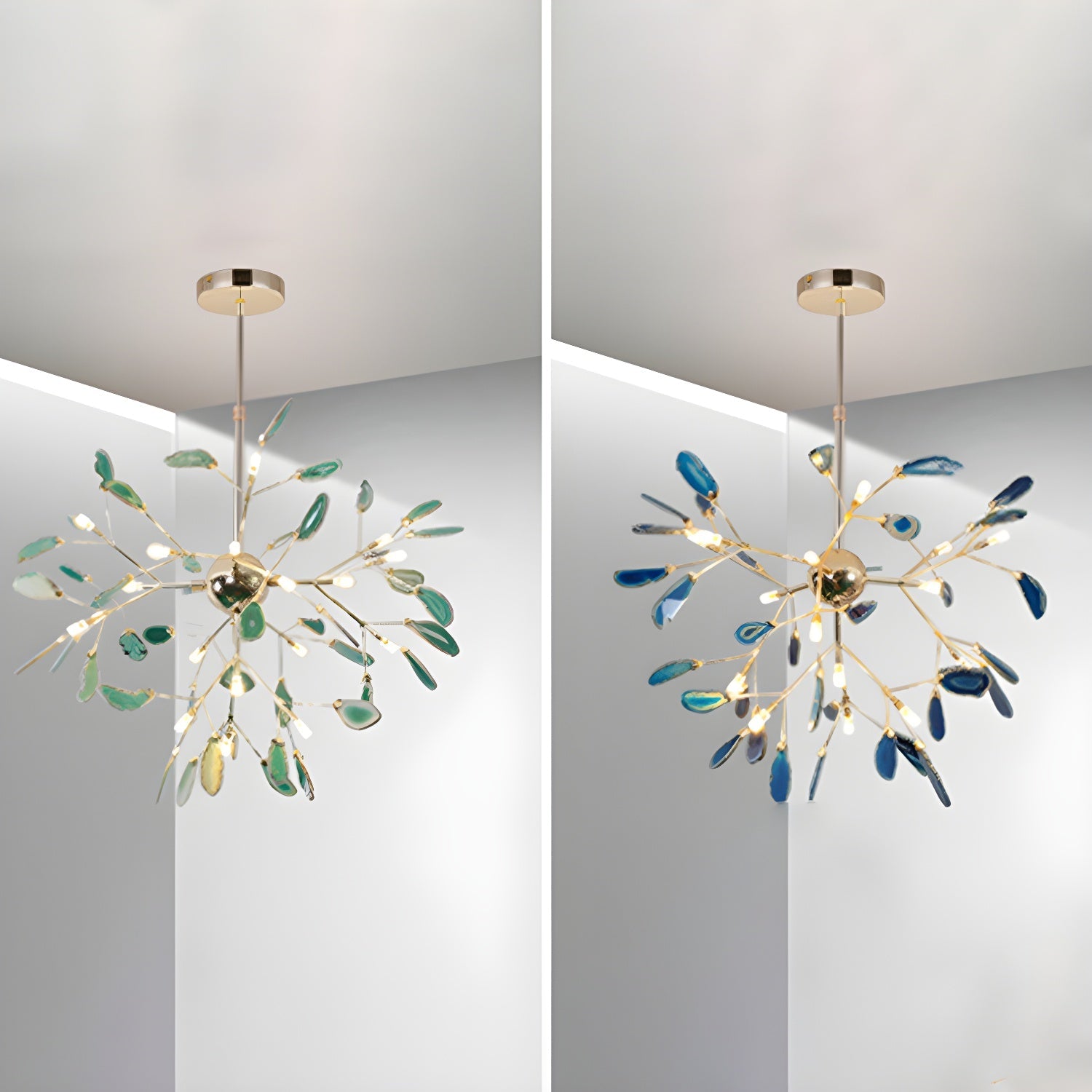 Agate Chandelier, Natural Agate Slices, Rose Gold Arms, G4 LED
