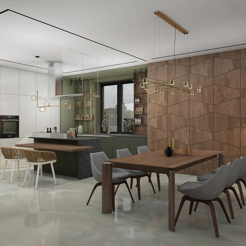 Clear glass sphere pendant light illuminated in an interior