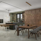Clear glass sphere pendant light illuminated in an interior