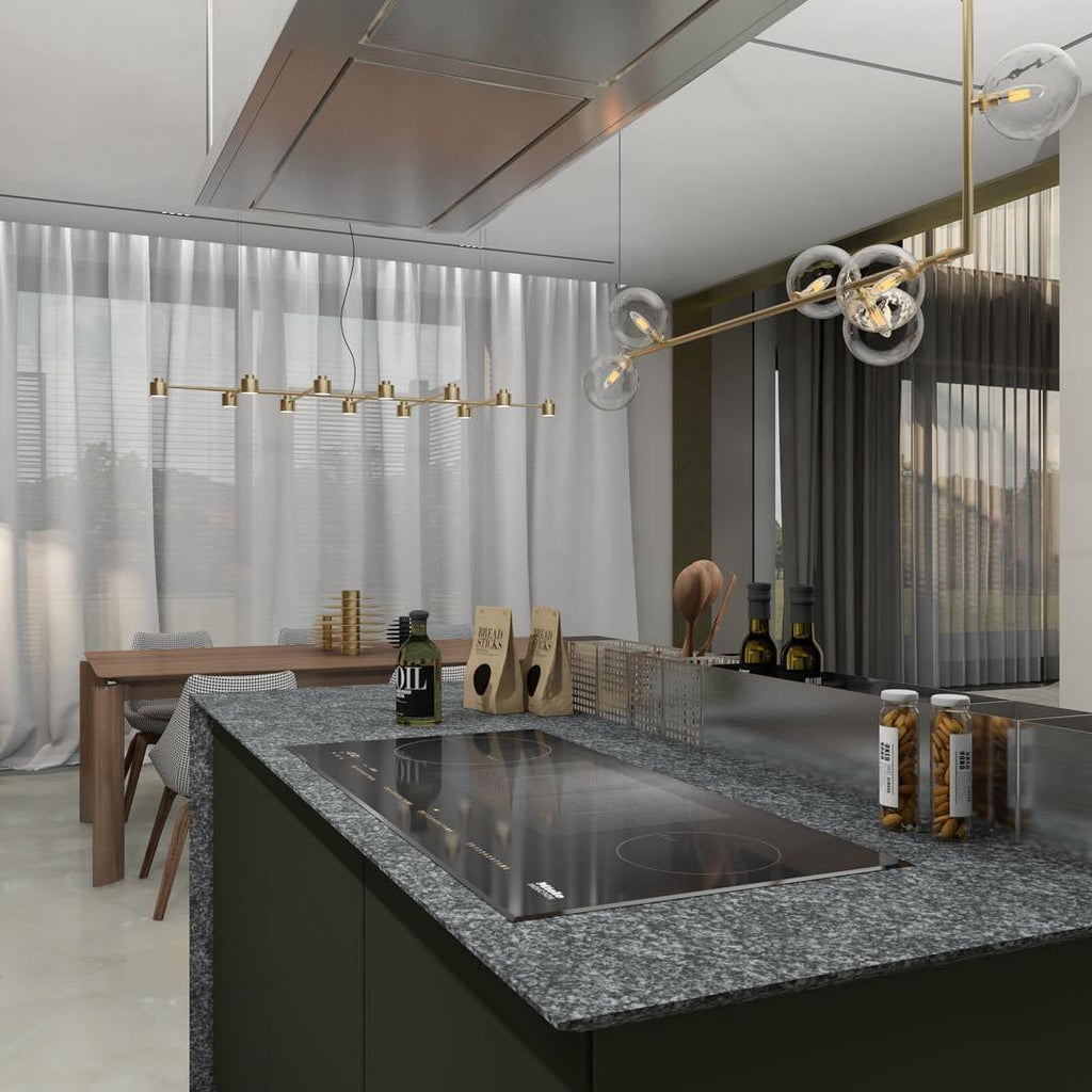Glass globe pendant light angled view on steel rail