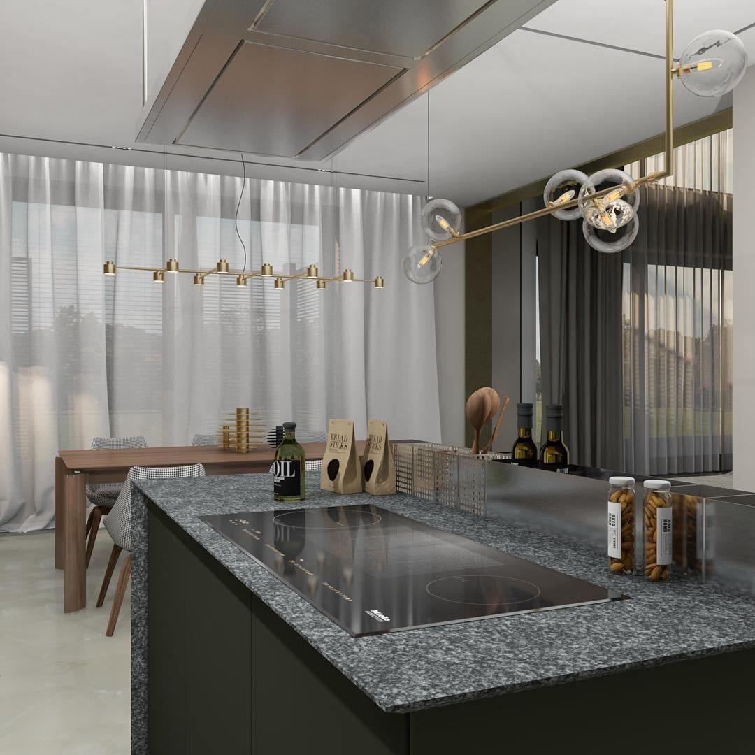 Glass globe pendant light angled view on steel rail