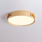 Walnut-finish ceiling light glowing in a styled interior