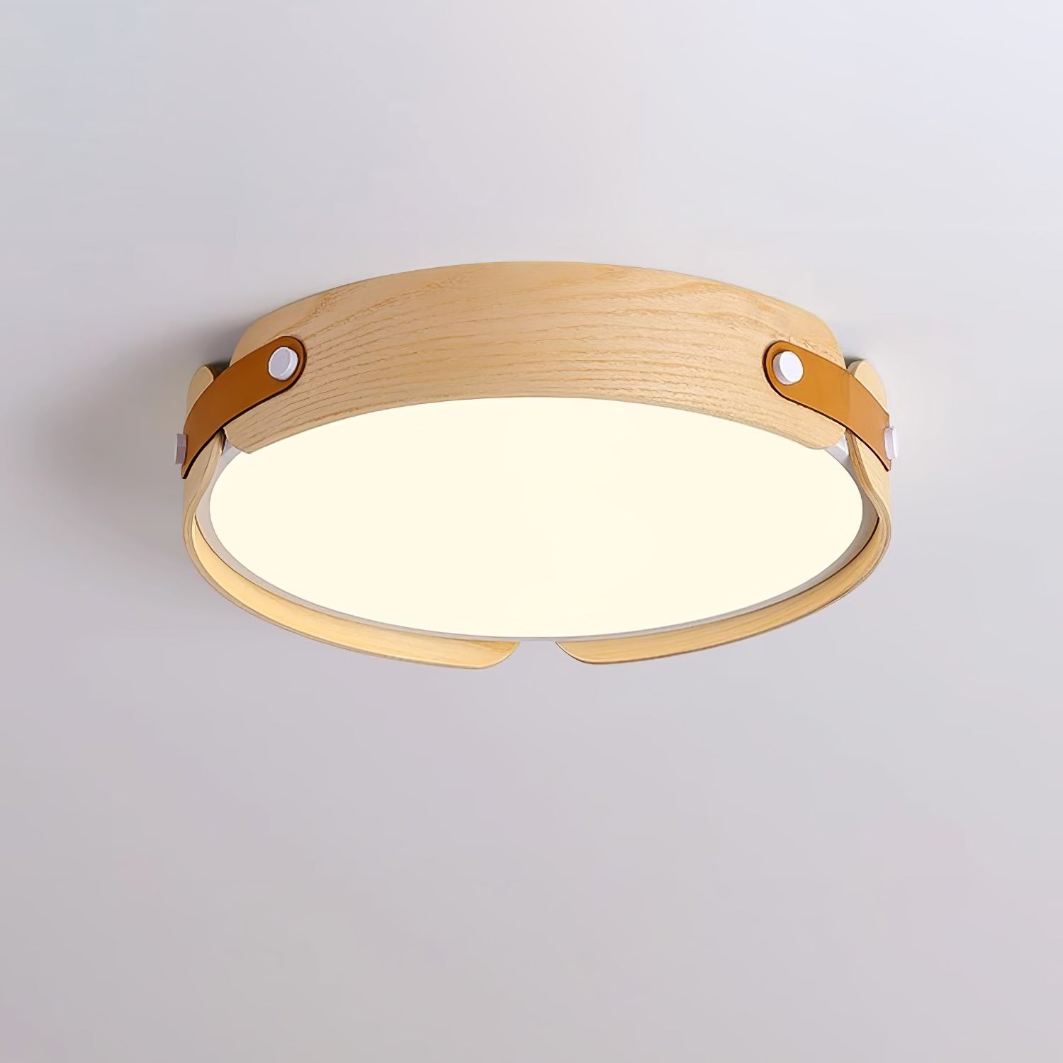 Walnut-finish ceiling light glowing in a styled interior