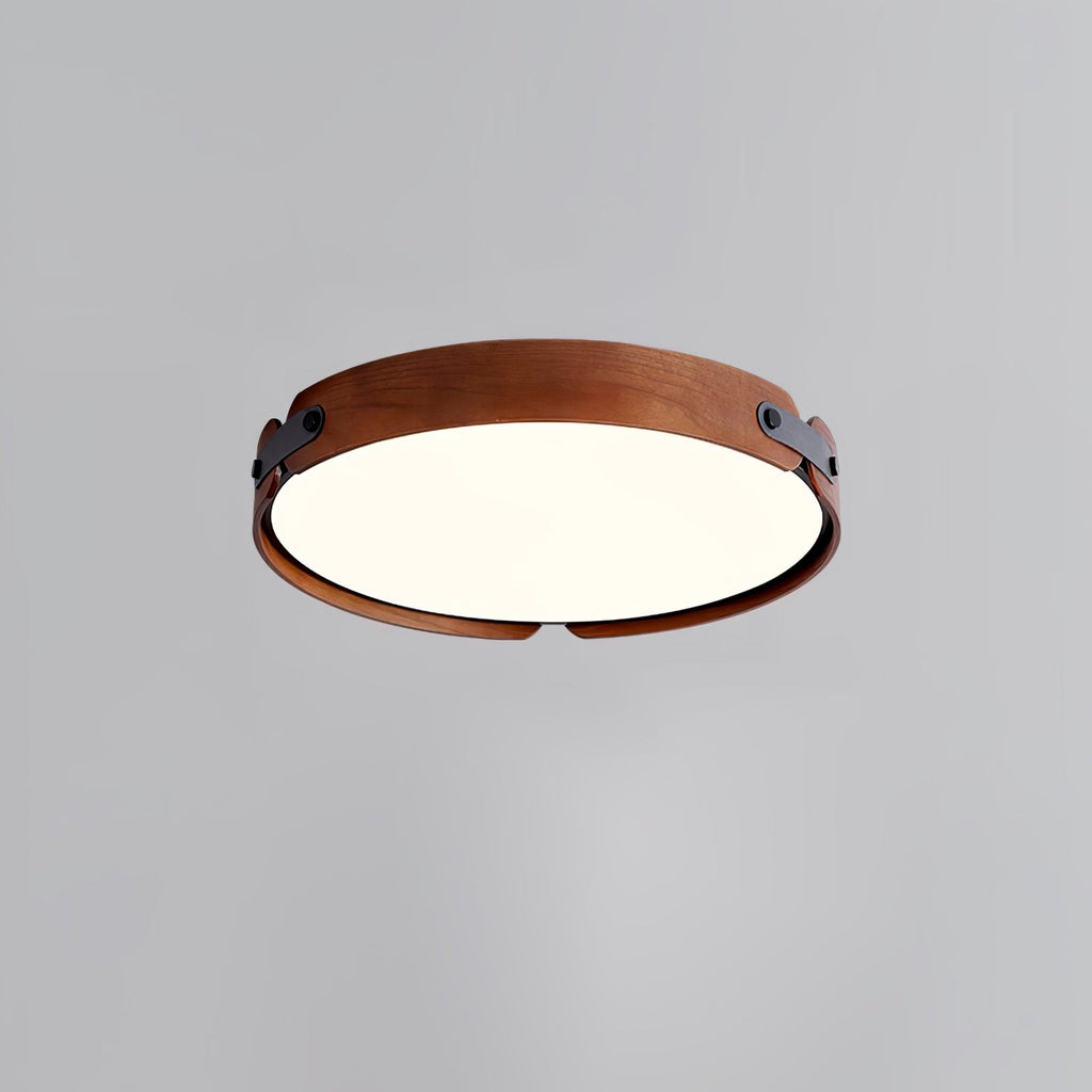Slim wooden ceiling light with white diffuser in a bedroom