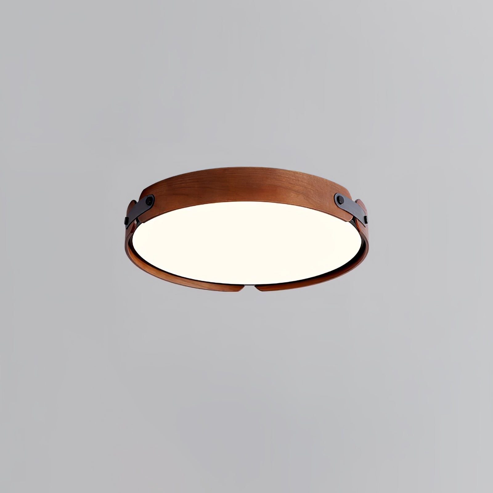 Natural wood ceiling light mounted flush against the ceiling