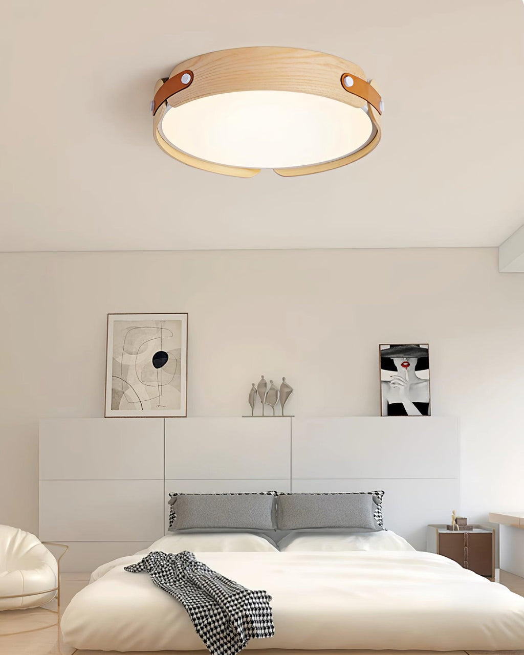 Walnut ceiling light shown in a calm styled room