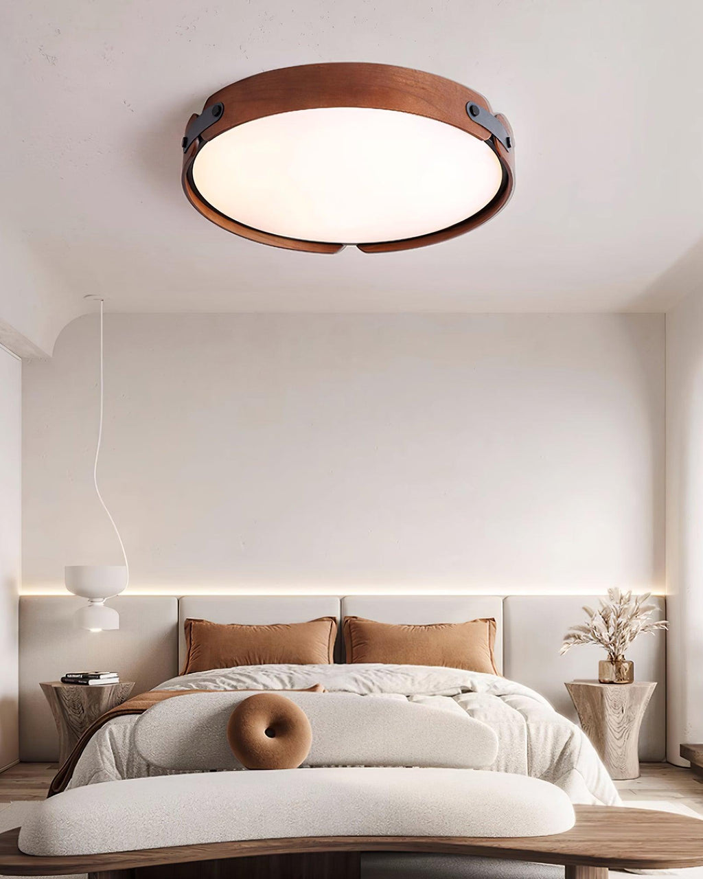 Natural wood ceiling light mounted flush in a bedroom