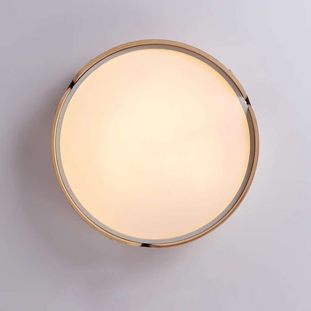 Walnut-finish ceiling light lit softly in a room