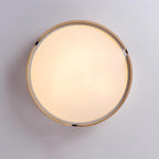 Walnut-finish ceiling light lit softly in a room