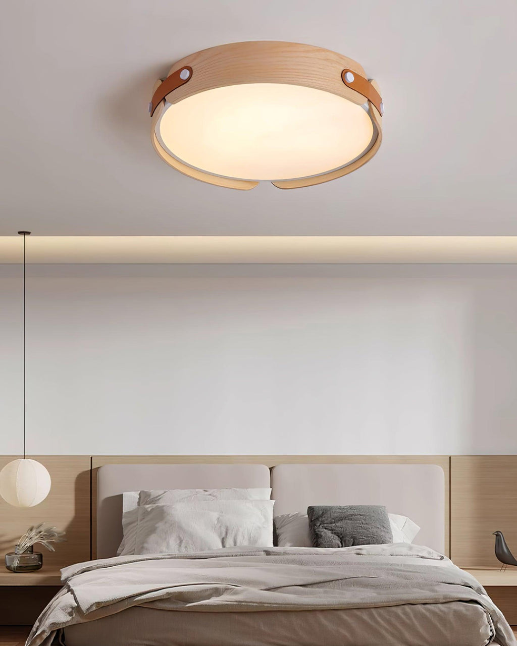 Round wood ceiling light with even warm glow