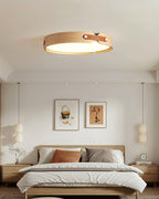 Natural wood ceiling light close detail of the surface