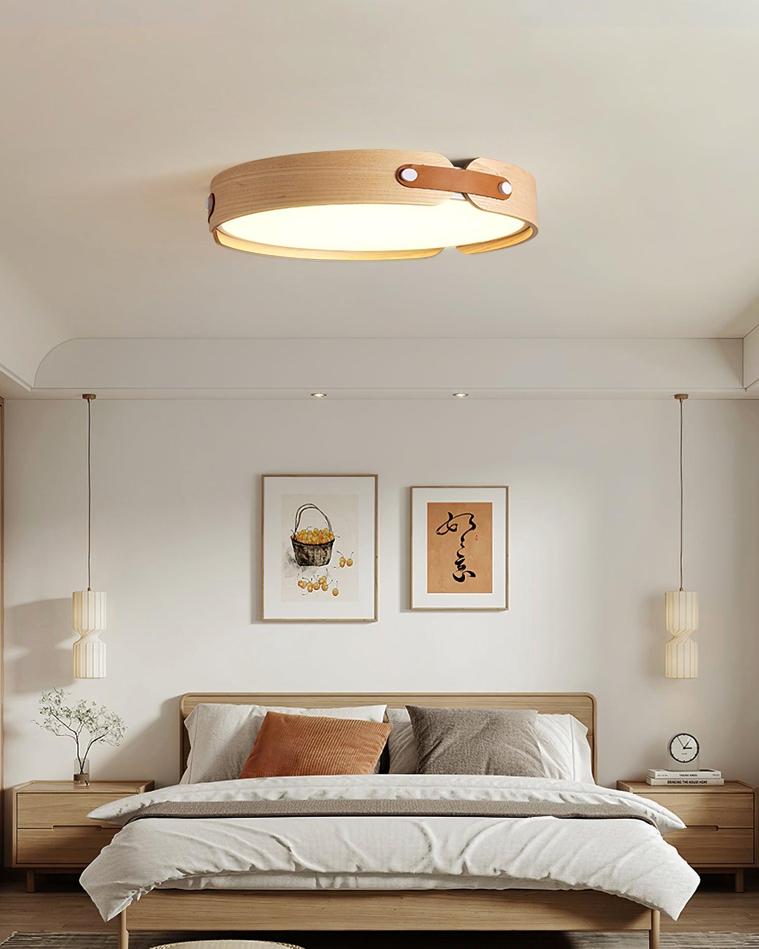 Natural wood ceiling light close detail of the surface