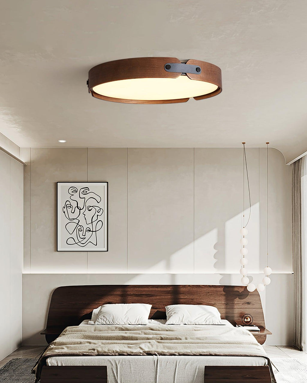 Walnut-finish flush ceiling light with white diffuser