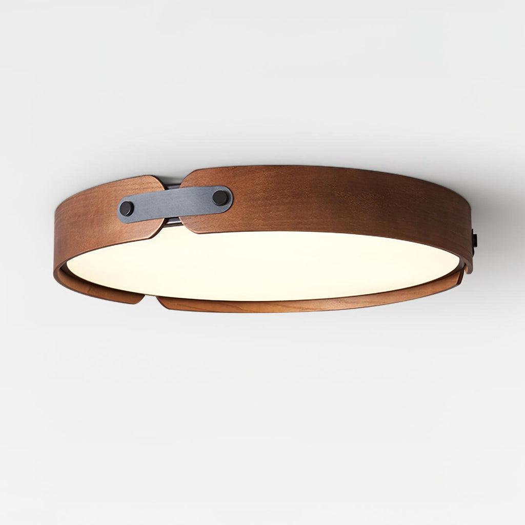 Round wood-tone ceiling light mounted against the ceiling