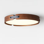 Round wood-tone ceiling light mounted against the ceiling