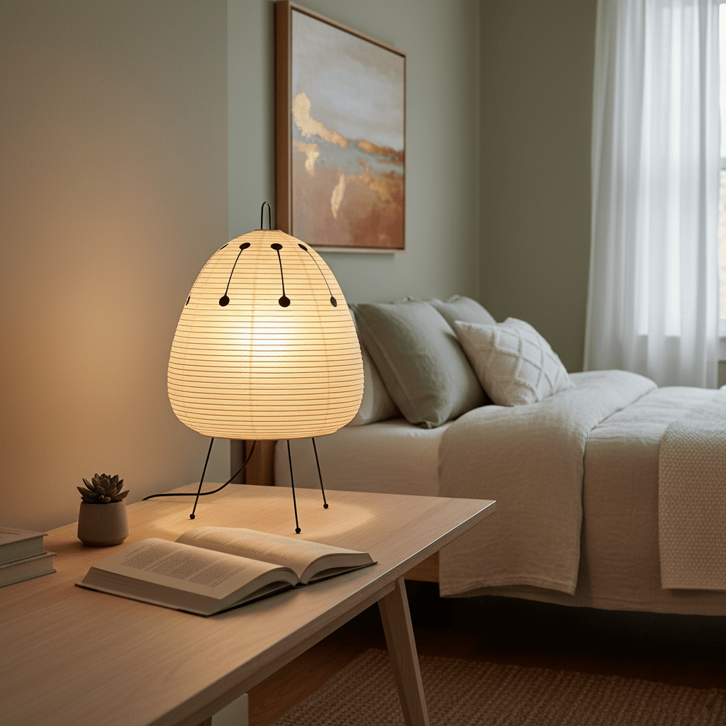 White paper table lamp shown from the side on white