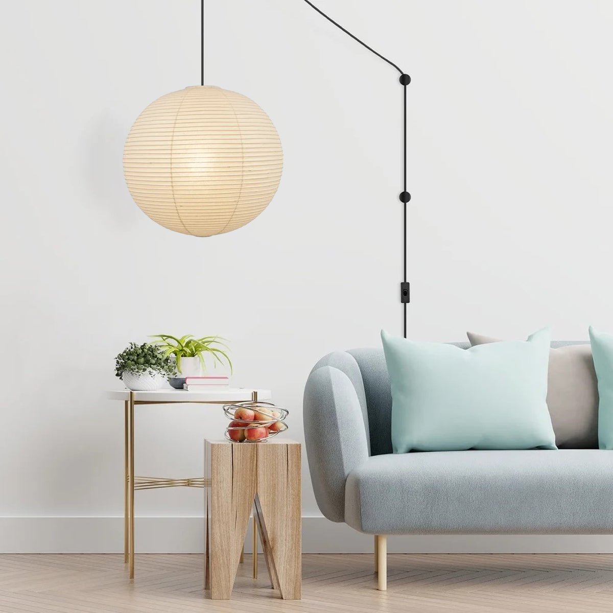 Round mulberry paper pendant light glowing softly