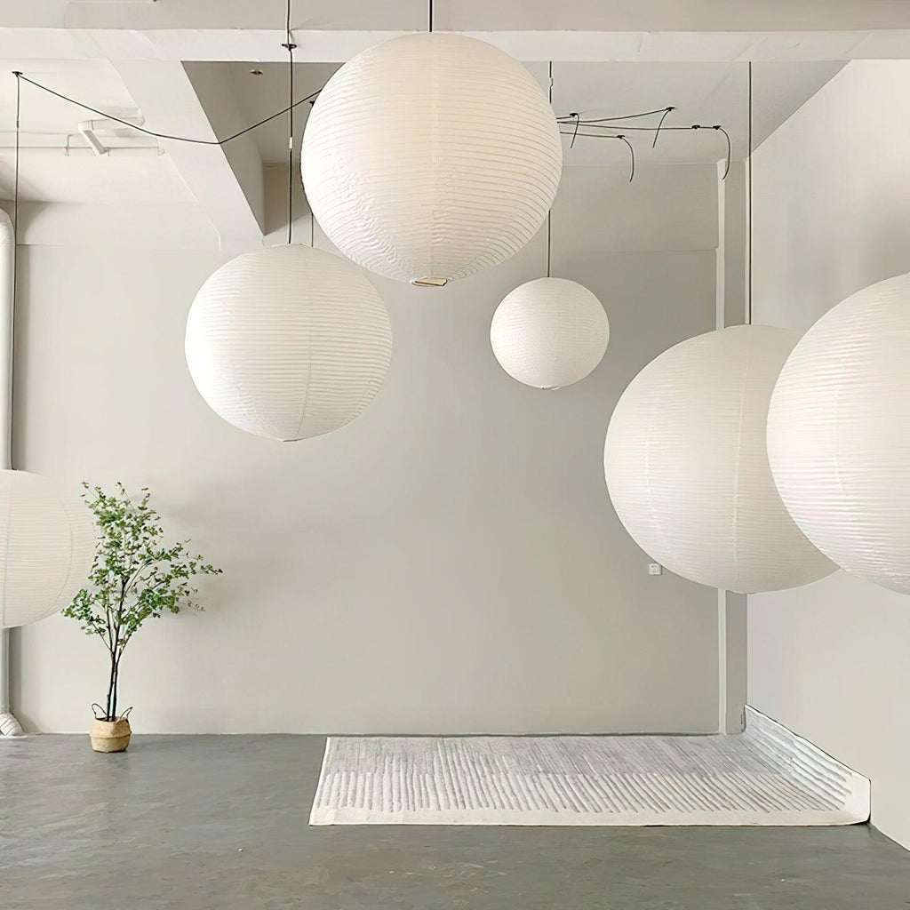 Mulberry paper pendant light hanging in a bright room