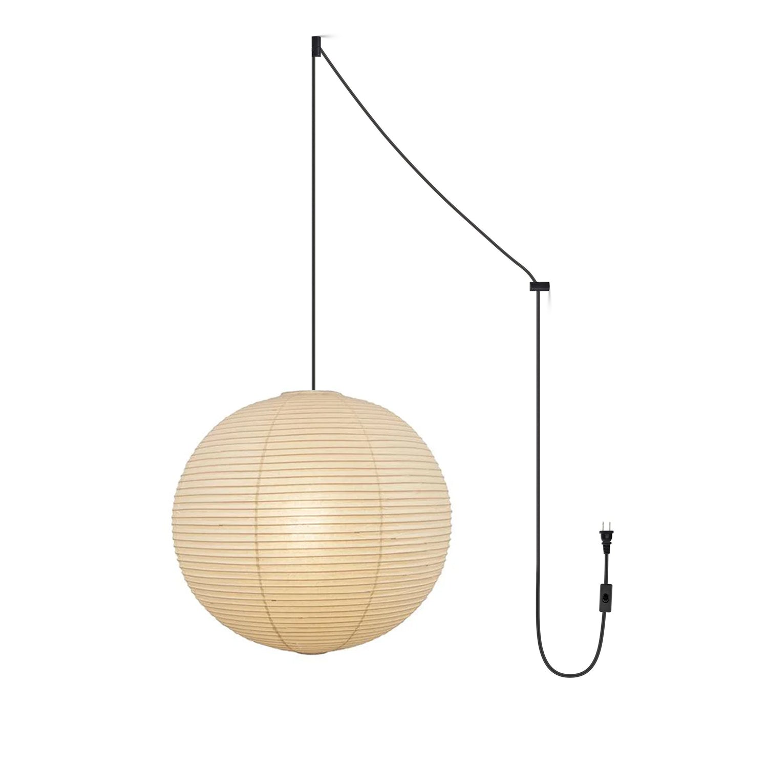 Paper globe swag pendant light glowing with a black cord