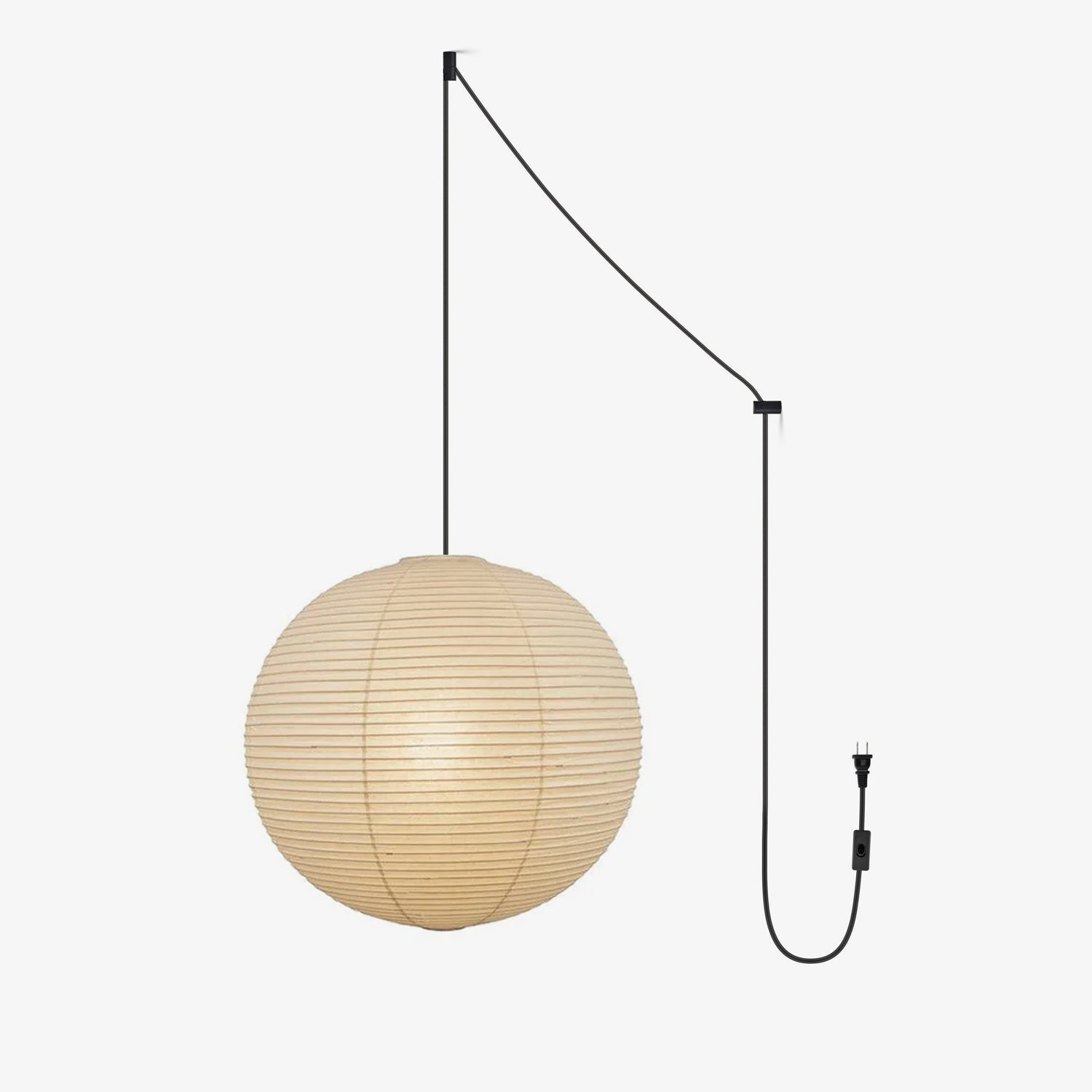 Paper globe swag pendant light draped on a black cord