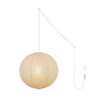 White paper globe pendant light hanging from a swag cord