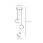 Dimension drawing of the three-ball size: 20 cm / 7.9 in canopy, 150 cm / 59 in drop, 12 cm / 4.7 in balls.