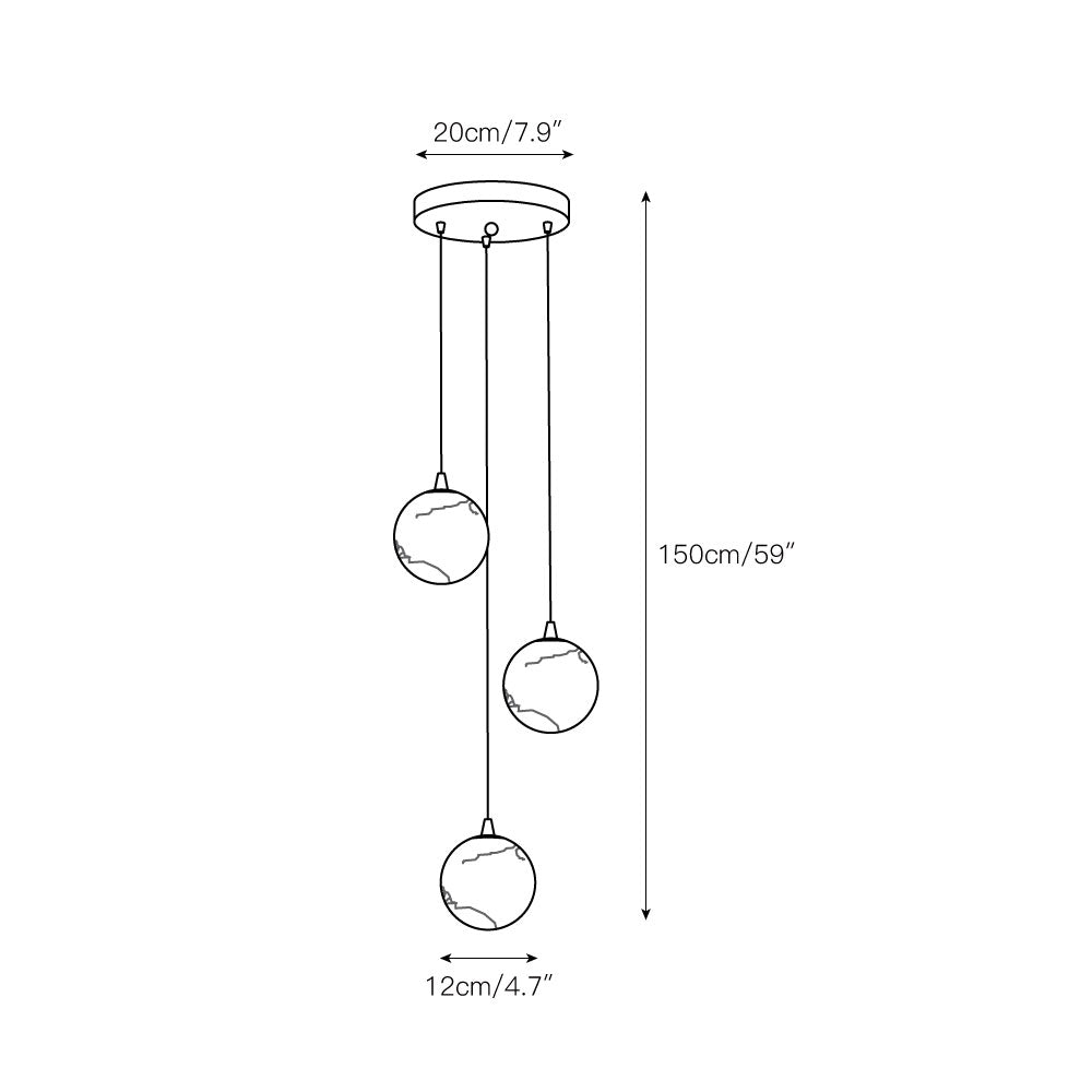 Dimension drawing of the three-ball size: 20 cm / 7.9 in canopy, 150 cm / 59 in drop, 12 cm / 4.7 in balls.