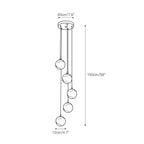 Dimension drawing of the five-ball size: 20 cm / 7.9 in canopy, 150 cm / 59 in drop, 12 cm / 4.7 in balls.