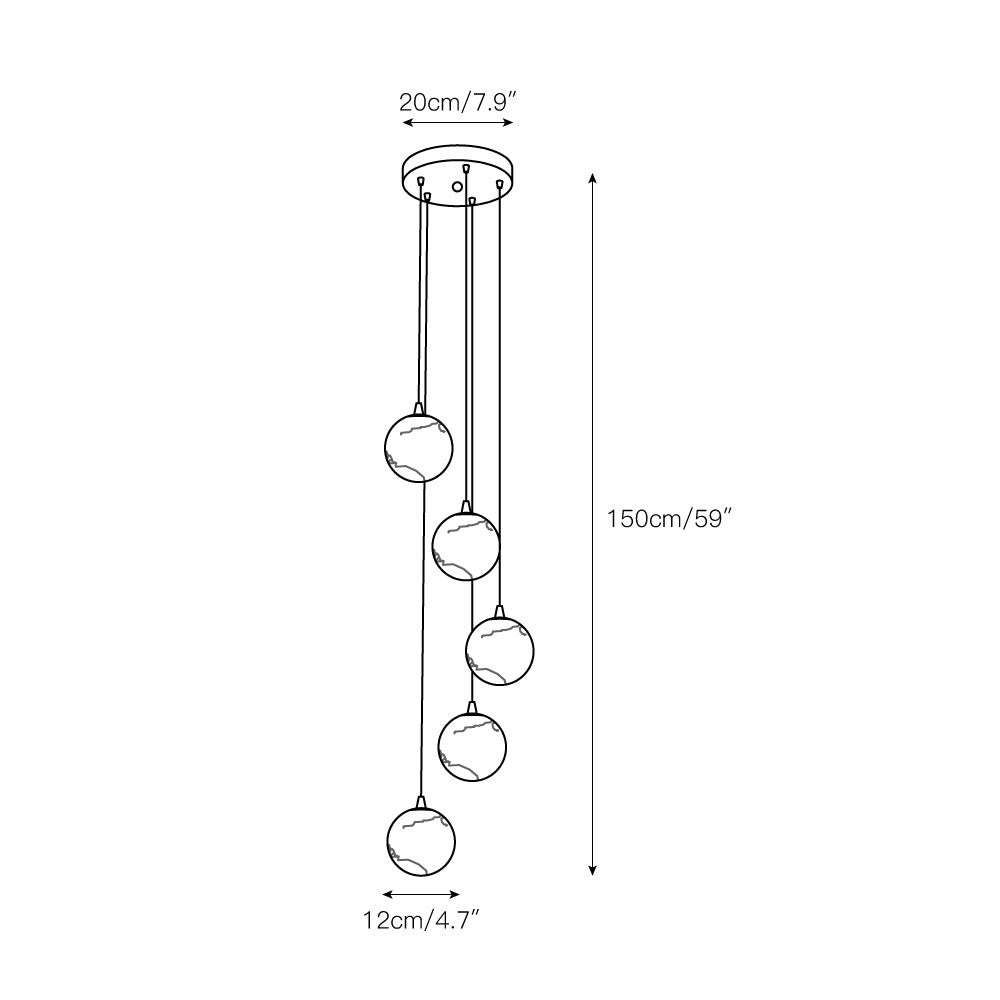 Dimension drawing of the five-ball size: 20 cm / 7.9 in canopy, 150 cm / 59 in drop, 12 cm / 4.7 in balls.