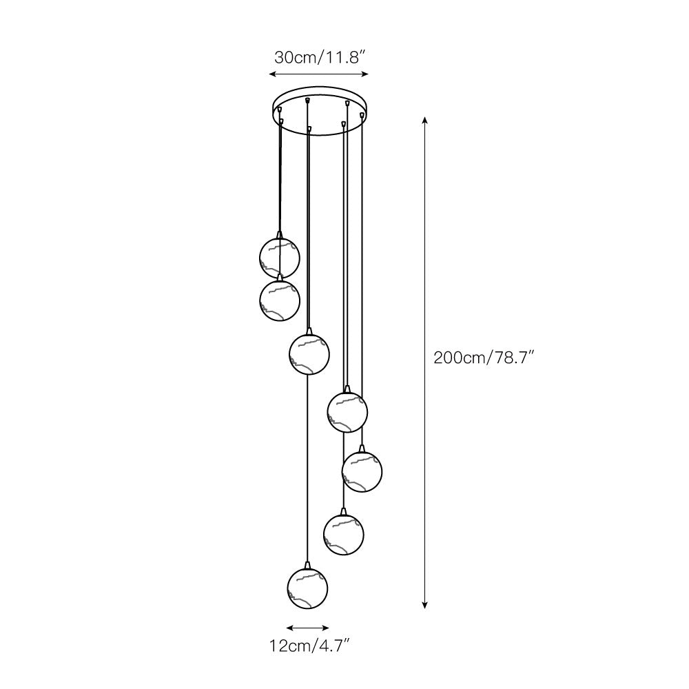 Dimension drawing of the seven-ball size: 30 cm / 11.8 in canopy, 200 cm / 78.7 in drop, 12 cm balls.