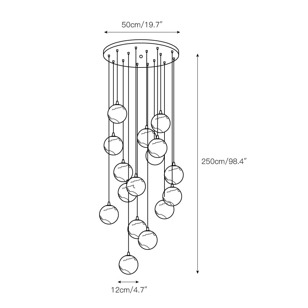 Dimension drawing of the sixteen-ball size: 50 cm / 19.7 in canopy and 250 cm / 98.4 in drop.