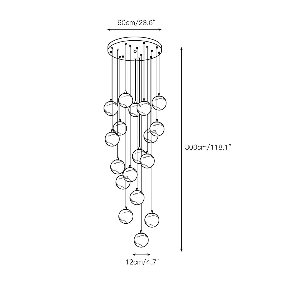 Dimension drawing of the eighteen-ball size: 60 cm / 23.6 in canopy and 300 cm / 118.1 in drop.