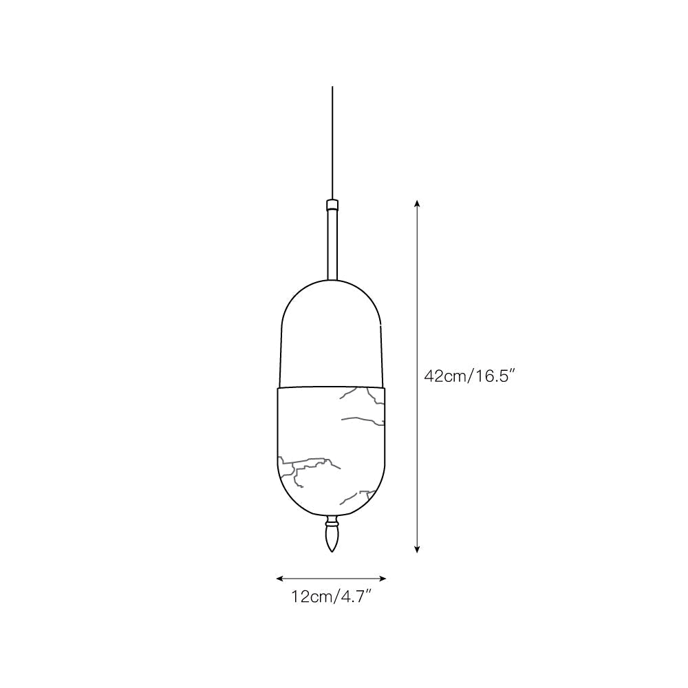 Dimension drawing for the Clérachic Brass Pendant Light capsule, 12 cm / 4.7 in wide and 42 cm / 16.5 in high.