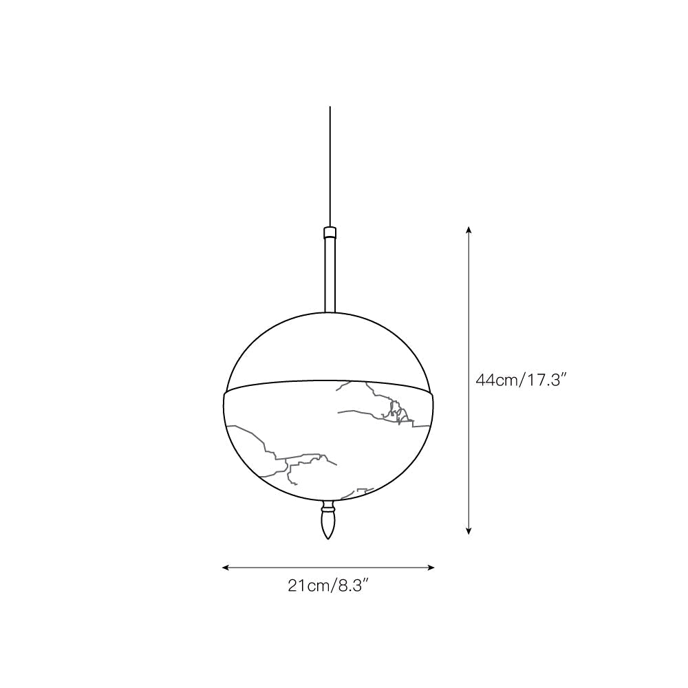 Dimension drawing for the Clérachic Brass Pendant Light globe, 21 cm / 8.3 in wide and 44 cm / 17.3 in high.