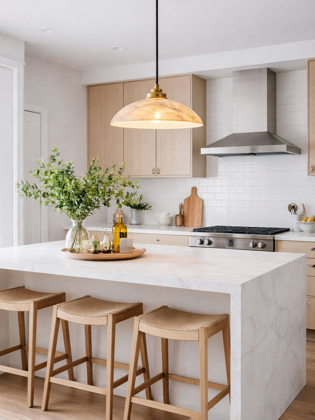 Slim alabaster dome pendant light with brass fitting and cable