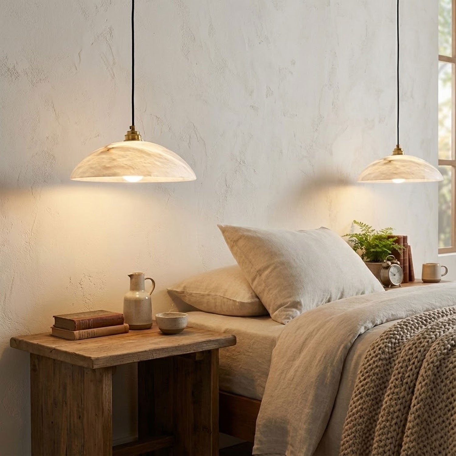 White alabaster dome pendant casting soft warm light in a room