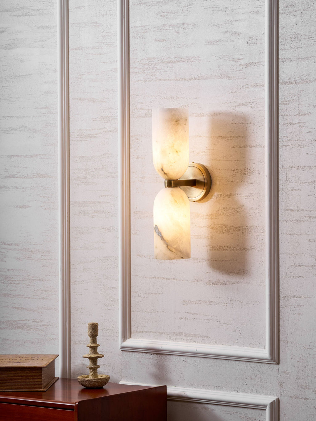 Twin alabaster column wall light with soft up and down glow