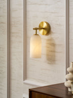 Wall Sconce, Translucent Alabaster Cylinder, Brushed Gold, E14